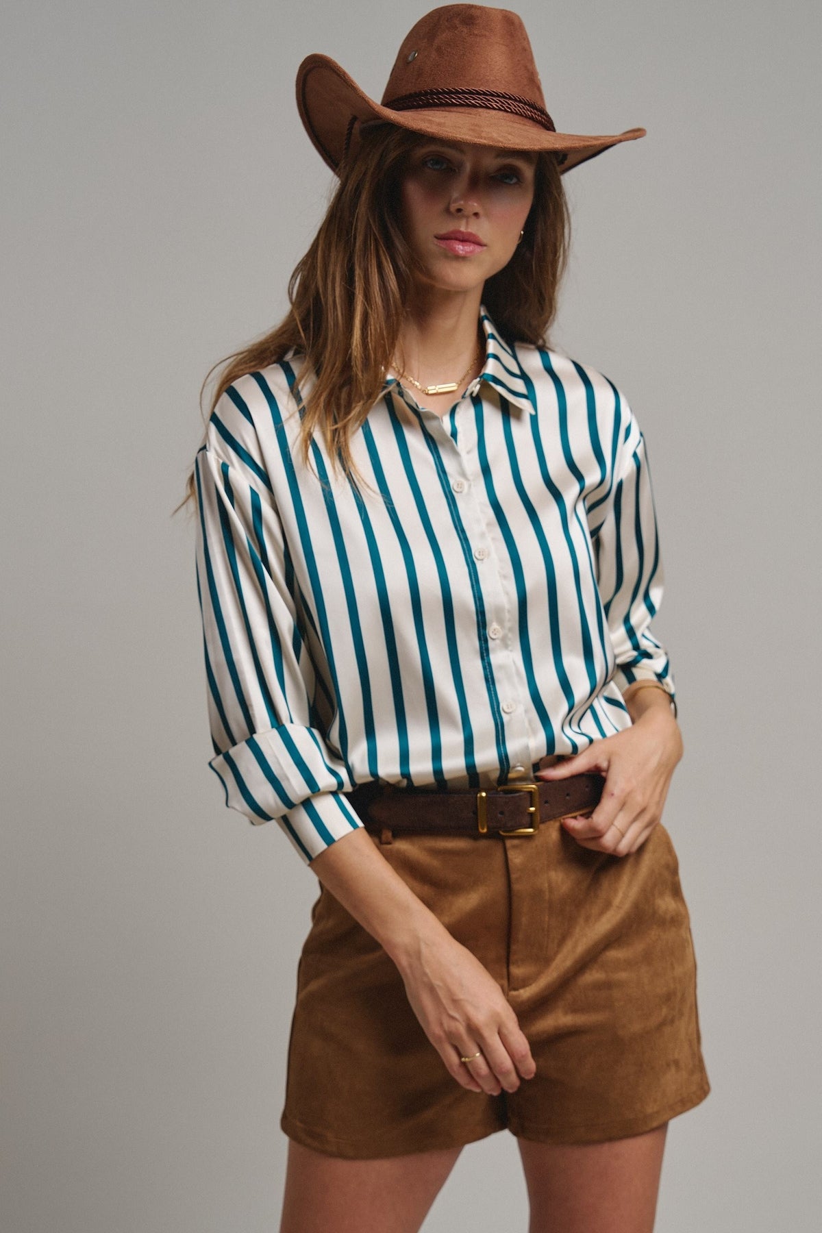 Ribbon Stripe Satin Button Down in Emerald - Women's Shirts & Blouses | Urban Daizy