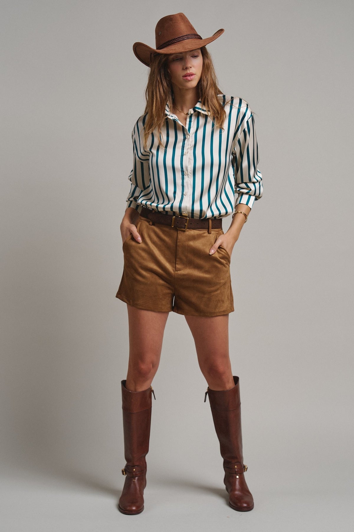 Ribbon Stripe Satin Button Down in Emerald - Women's Shirts & Blouses | Urban Daizy