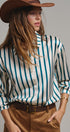 Ribbon Stripe Satin Button Down in Emerald - Women's Shirts & Blouses | Urban Daizy