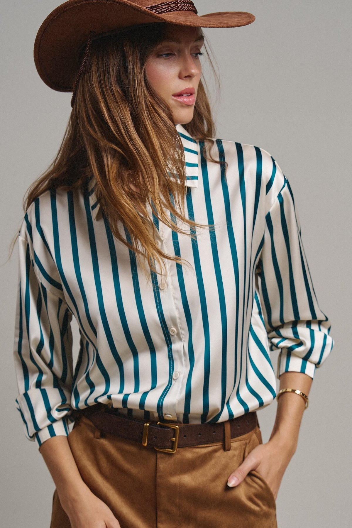 Ribbon Stripe Satin Button Down in Emerald - Women's Shirts & Blouses | Urban Daizy