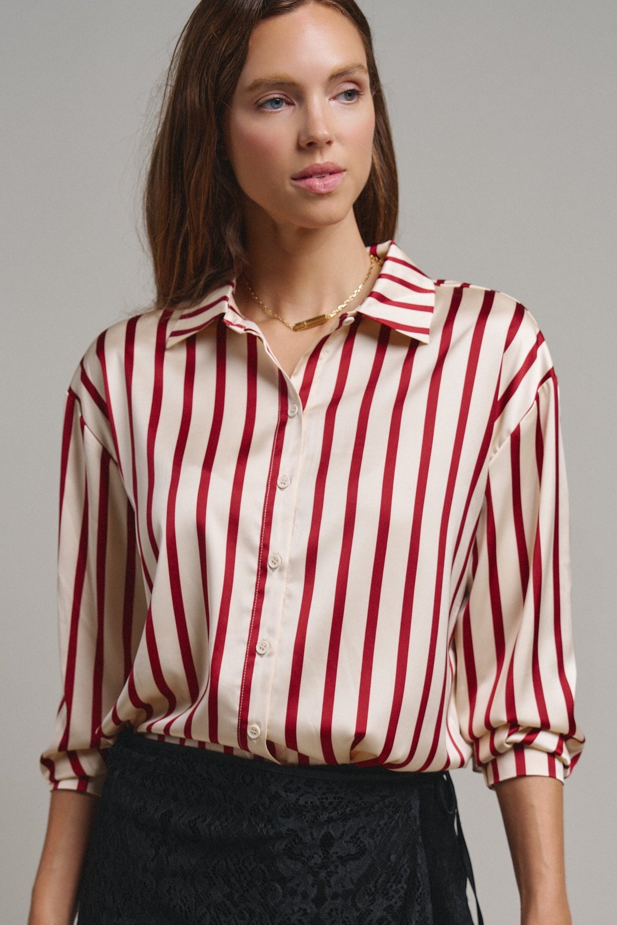 Ribbon Stripe Satin Button Down in Wine - Women's Shirts & Blouses | Urban Daizy