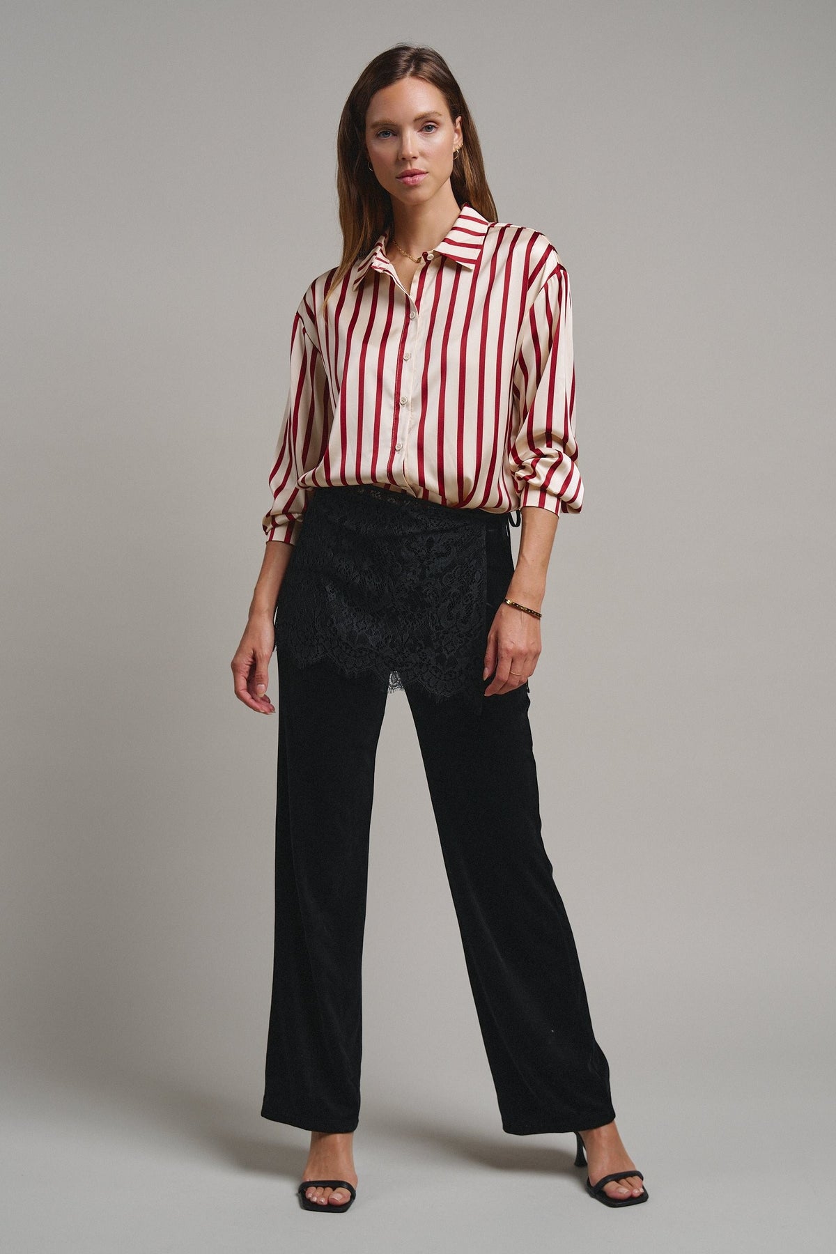 Ribbon Stripe Satin Button Down in Wine - Women's Shirts & Blouses | Urban Daizy