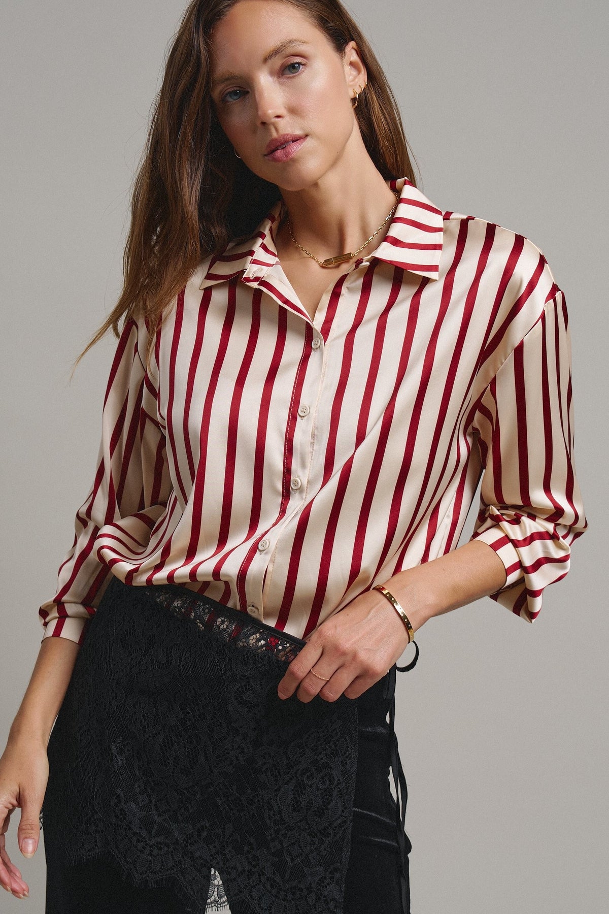 Ribbon Stripe Satin Button Down in Wine - Women's Shirts & Blouses | Urban Daizy