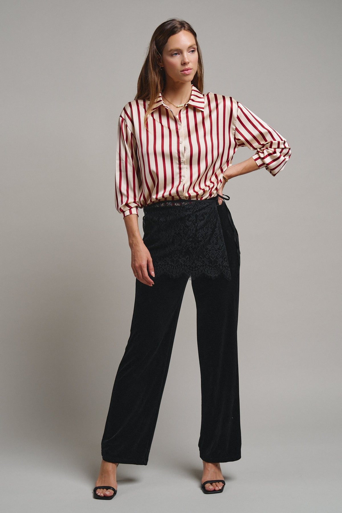 Ribbon Stripe Satin Button Down in Wine - Women's Shirts & Blouses | Urban Daizy