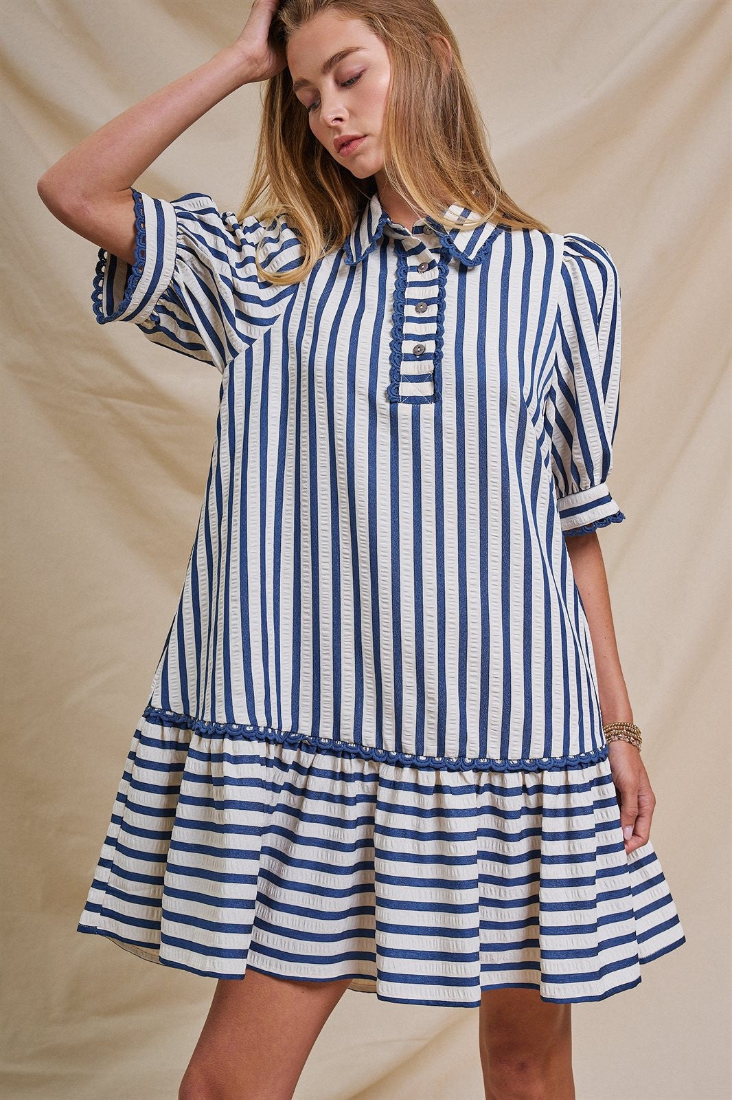 Striped Seersucker Ruffle Hem Shirt Dress in Blue - Women's Dresses | Urban Daizy