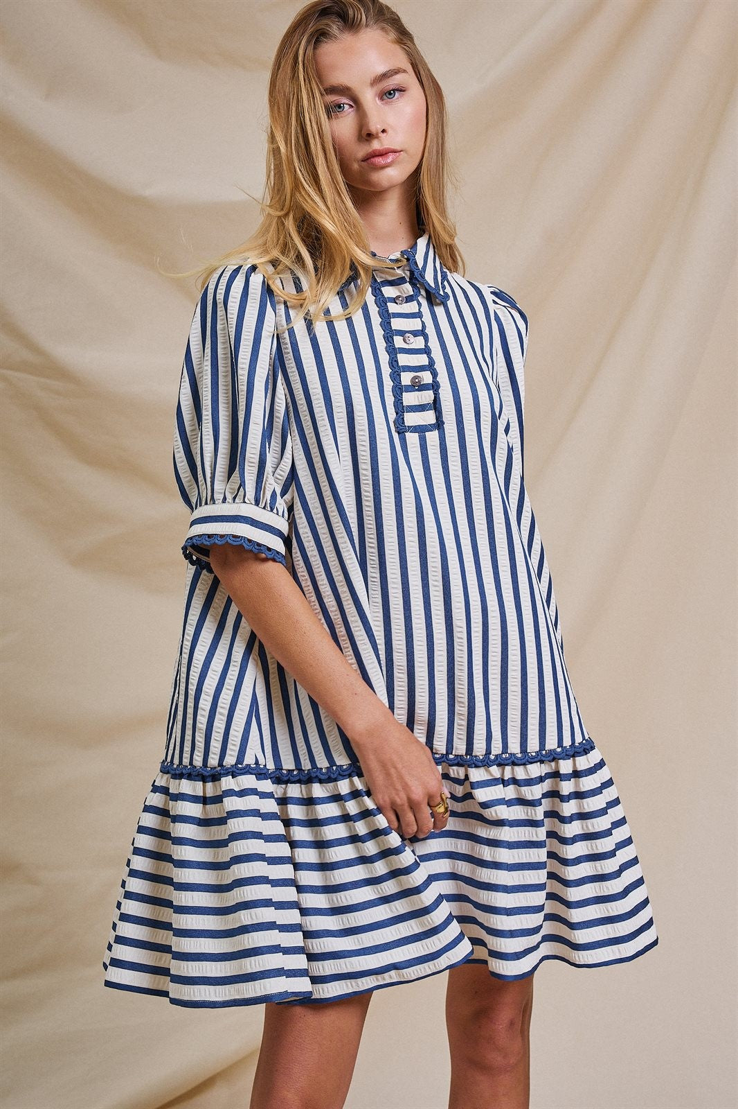 Striped Seersucker Ruffle Hem Shirt Dress in Blue - Women's Dresses | Urban Daizy