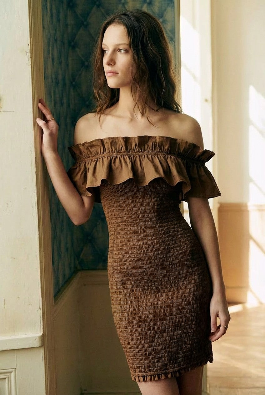 Cotton Smocked Off-Shoulder Ruffle Mini Dress in Brown - Women's Dresses | Urban Daizy