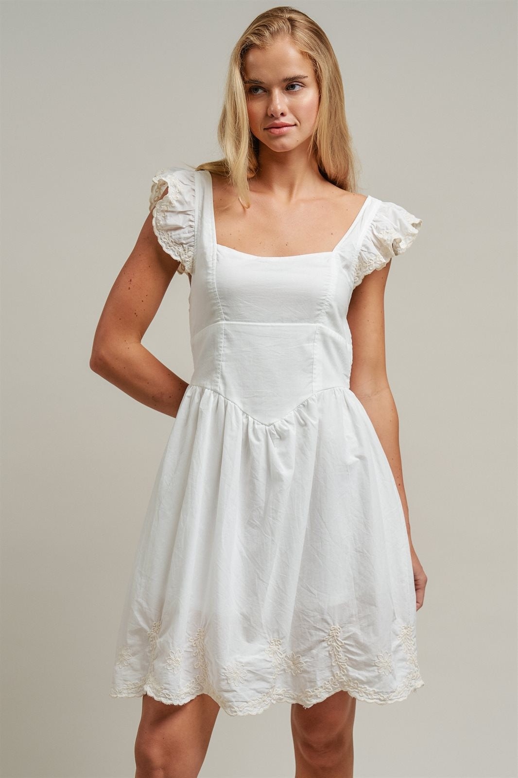 Embroidered Lace Trim Cotton Babydoll Mini Dress in White - Women's Dresses | Urban Daizy