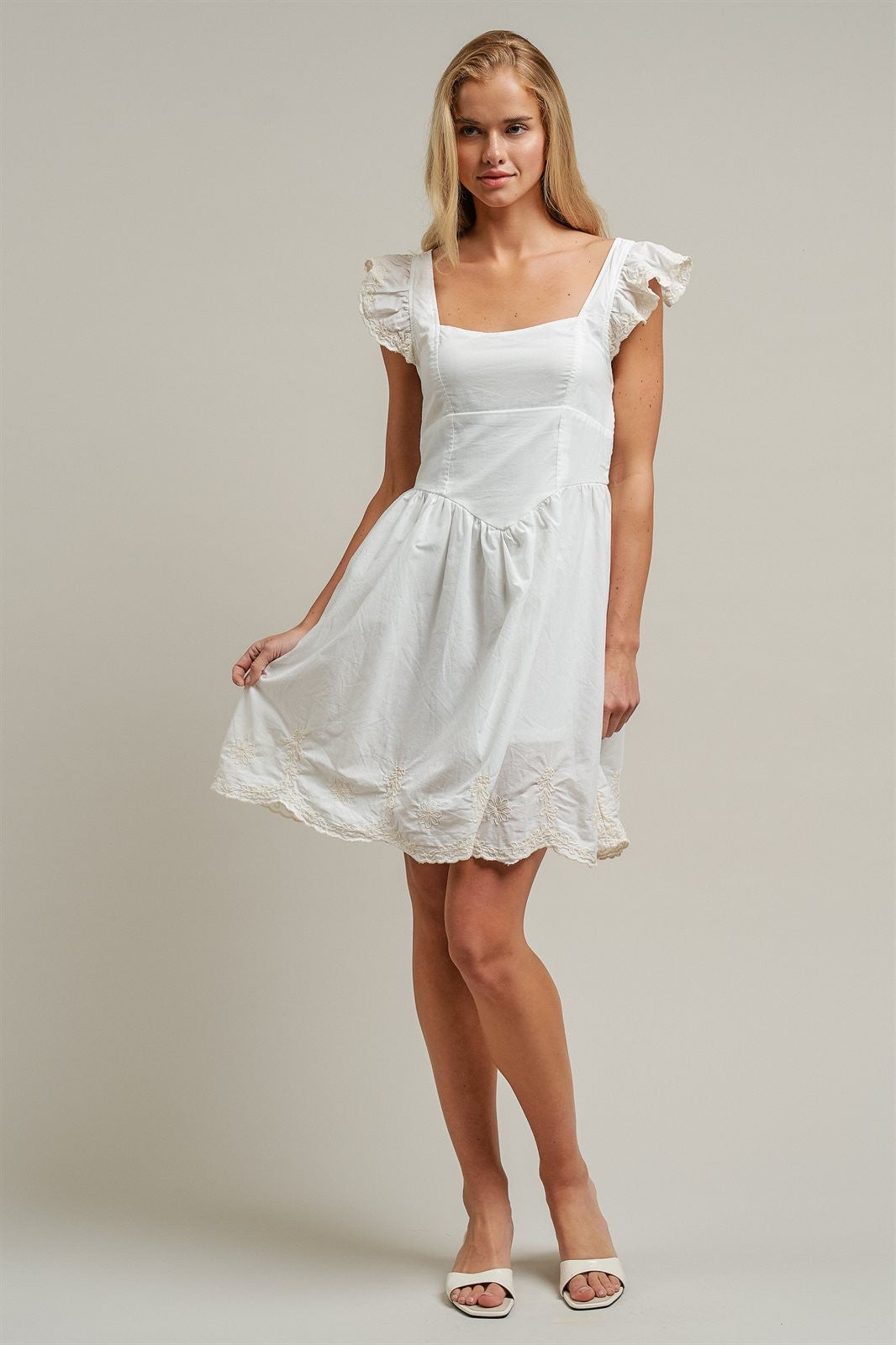 Embroidered Lace Trim Cotton Babydoll Mini Dress in White - Women's Dresses | Urban Daizy