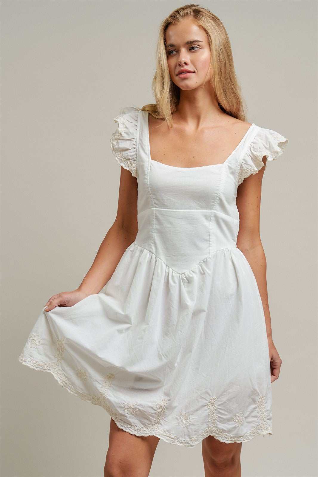 Embroidered Lace Trim Cotton Babydoll Mini Dress in White - Women's Dresses | Urban Daizy