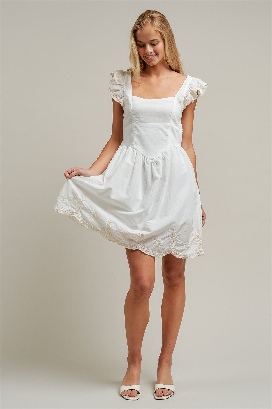 Embroidered Lace Trim Cotton Babydoll Mini Dress in White - Women's Dresses | Urban Daizy
