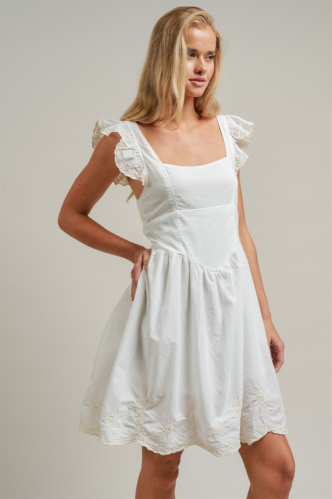 Embroidered Lace Trim Cotton Babydoll Mini Dress in White - Women's Dresses | Urban Daizy