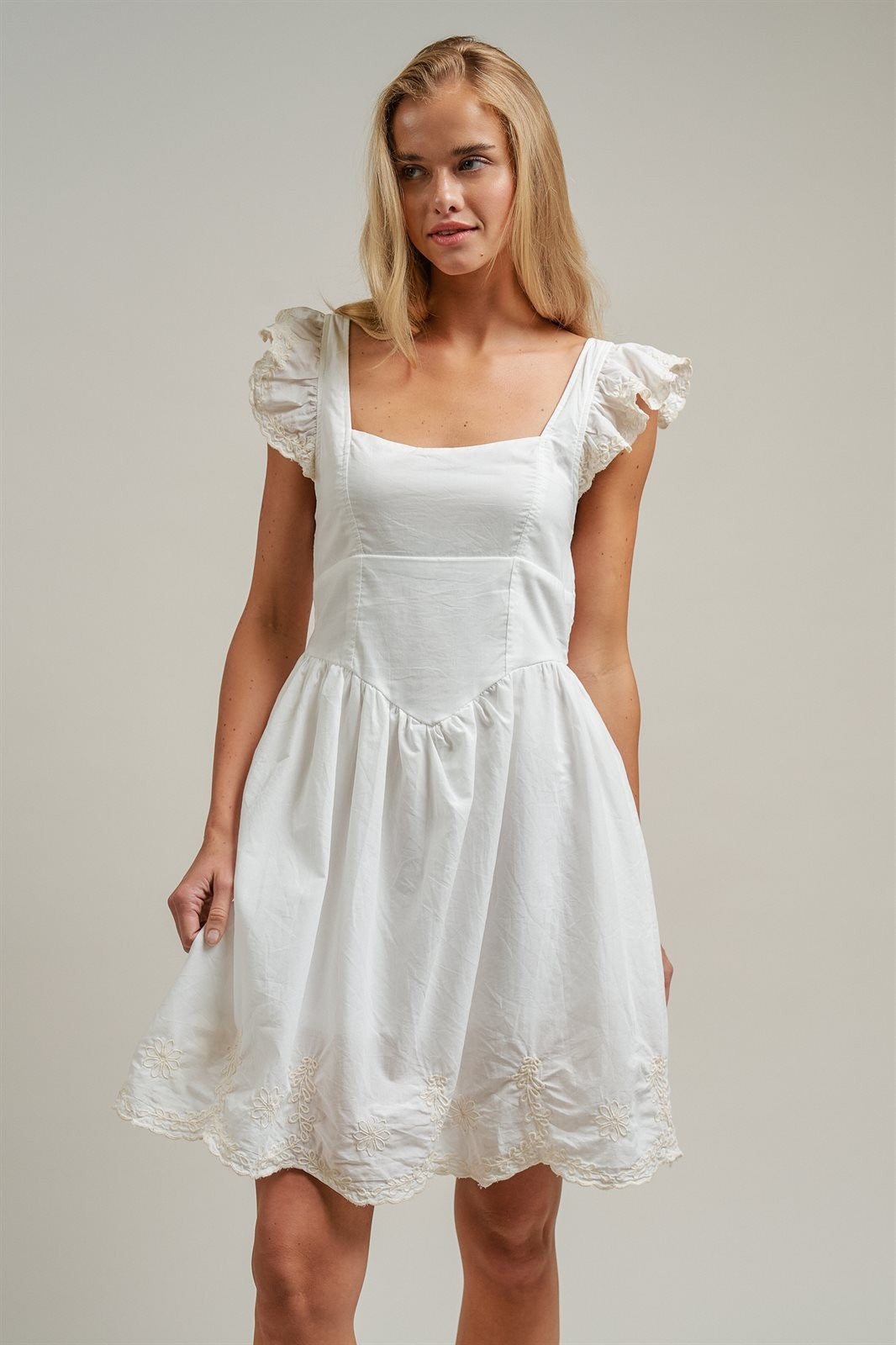 Embroidered Lace Trim Cotton Babydoll Mini Dress in White - Women's Dresses | Urban Daizy