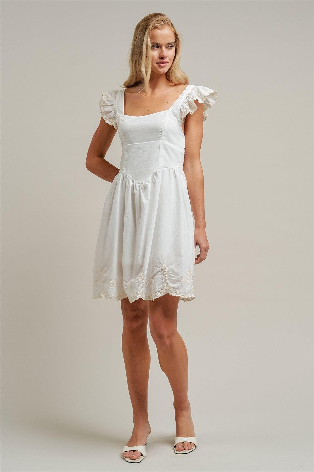 Embroidered Lace Trim Cotton Babydoll Mini Dress in White - Women's Dresses | Urban Daizy