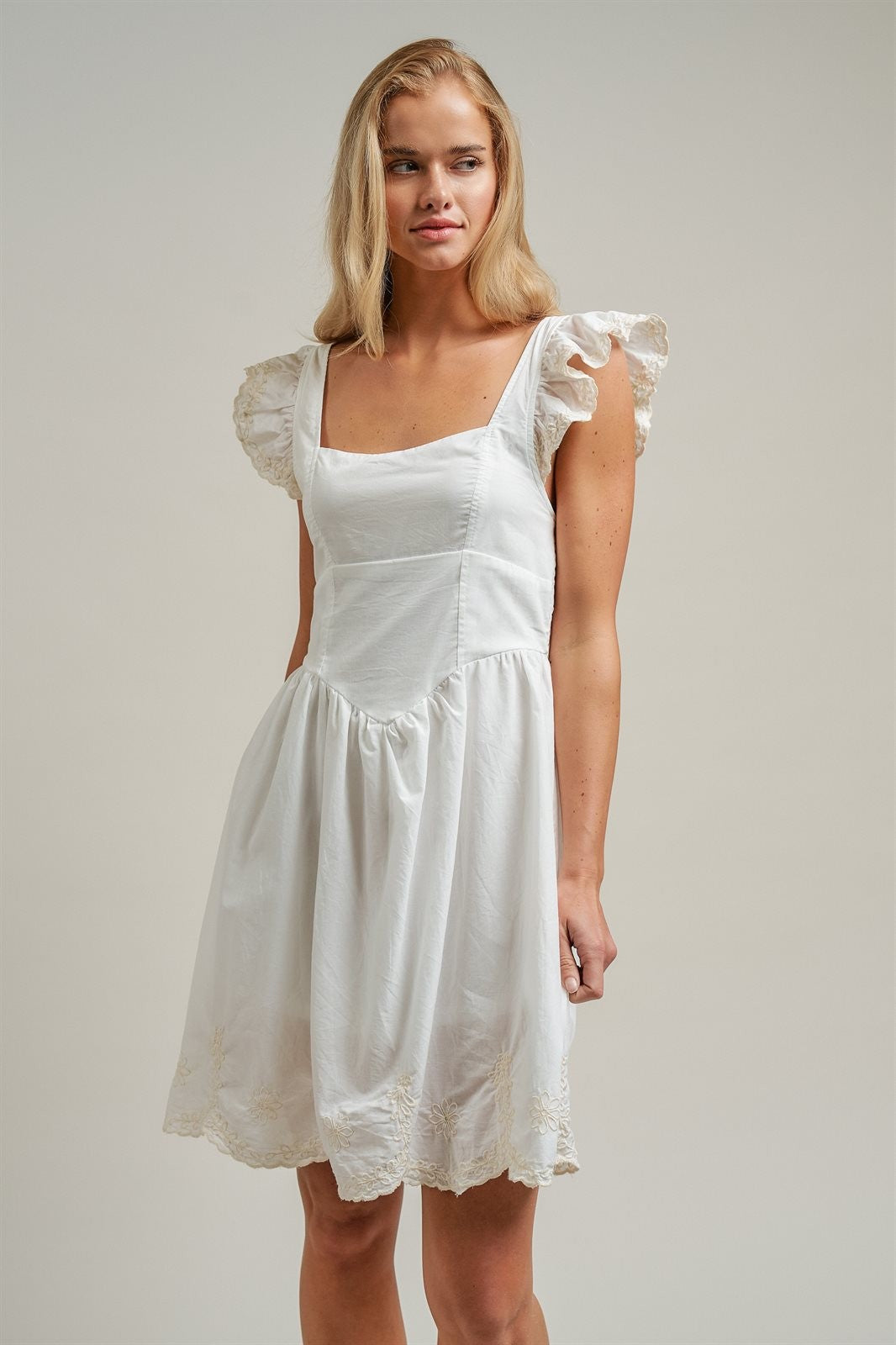 Embroidered Lace Trim Cotton Babydoll Mini Dress in White - Women's Dresses | Urban Daizy