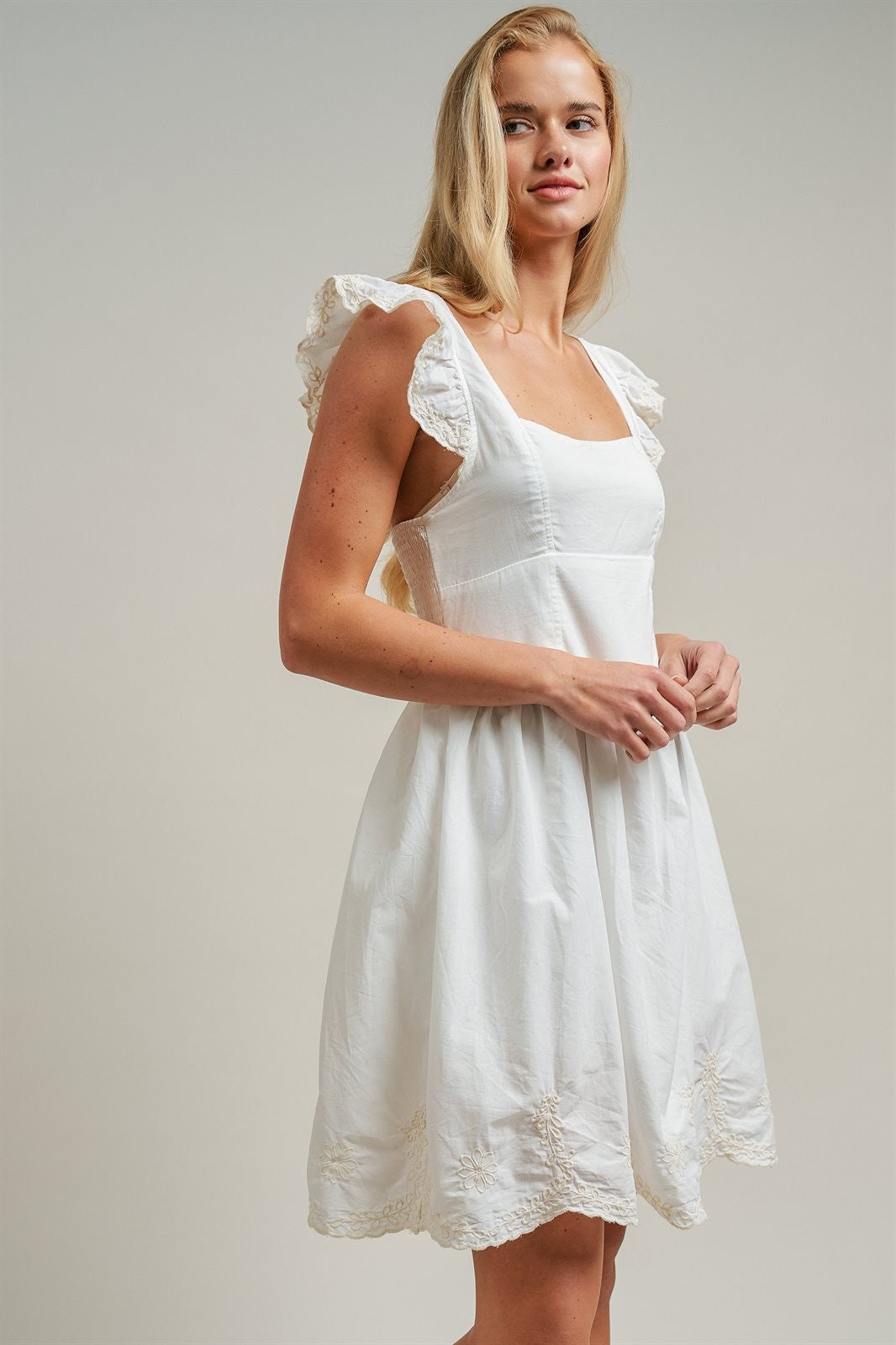 Embroidered Lace Trim Cotton Babydoll Mini Dress in White - Women's Dresses | Urban Daizy