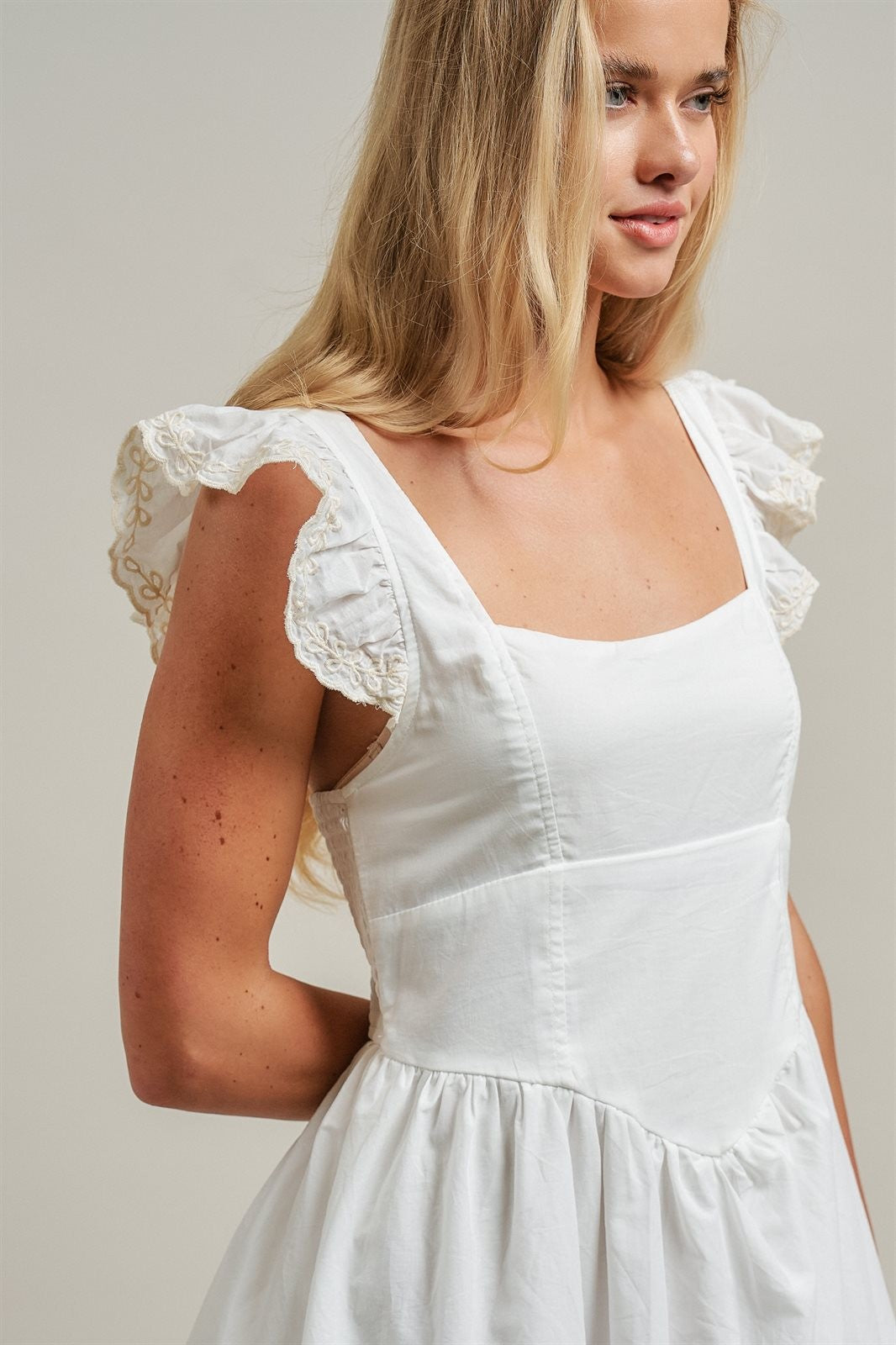 Embroidered Lace Trim Cotton Babydoll Mini Dress in White - Women's Dresses | Urban Daizy