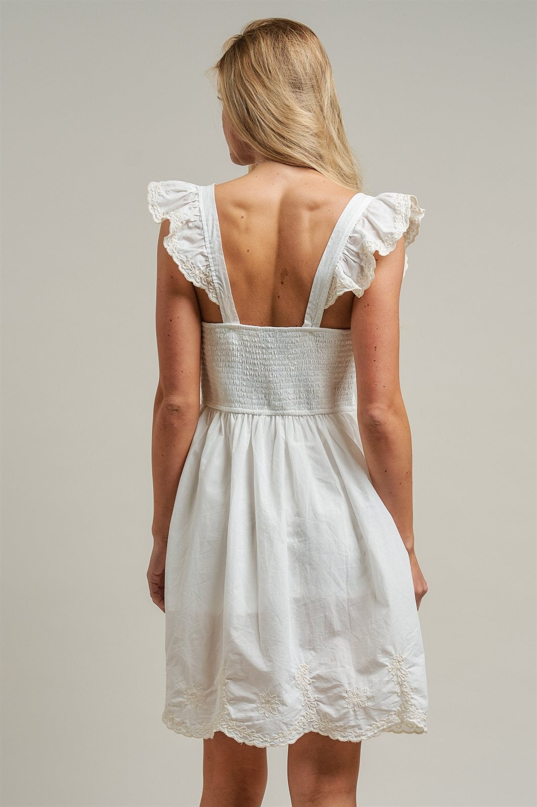 Embroidered Lace Trim Cotton Babydoll Mini Dress in White - Women's Dresses | Urban Daizy