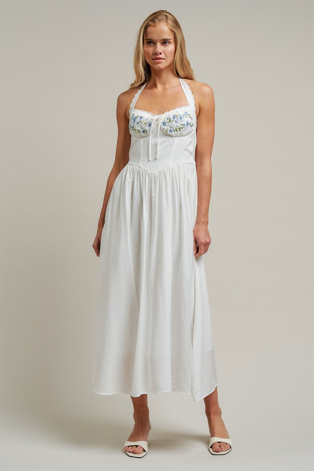 Floral Embroidered Halter Corset Midi Dress in White - Women's Dresses | Urban Daizy
