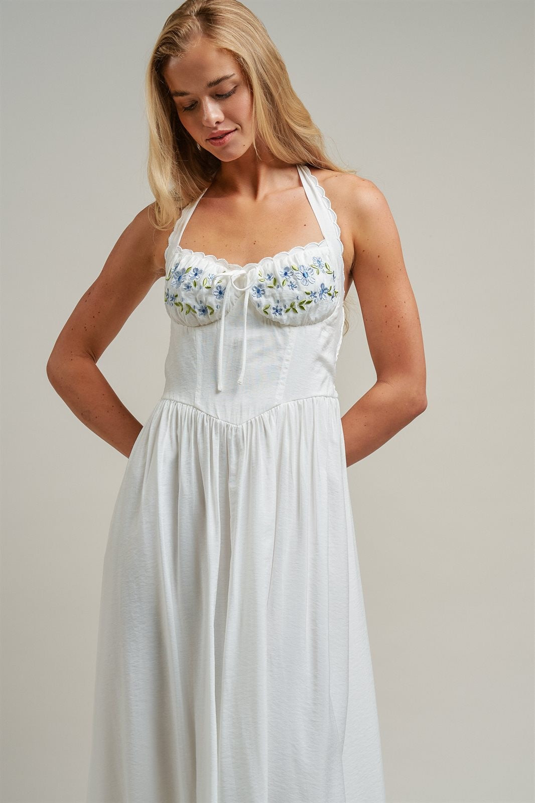 Floral Embroidered Halter Corset Midi Dress in White - Women's Dresses | Urban Daizy