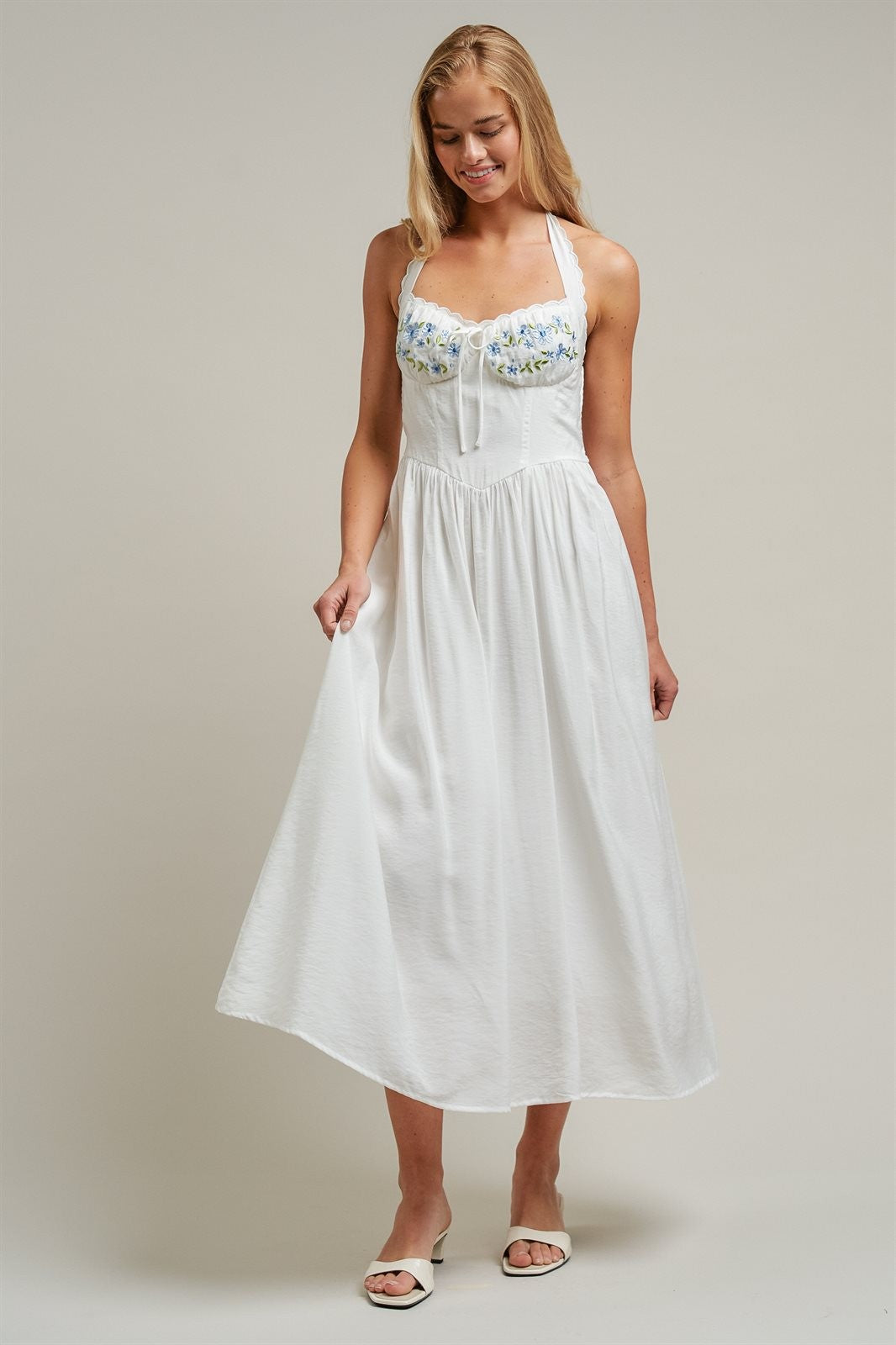 Floral Embroidered Halter Corset Midi Dress in White - Women's Dresses | Urban Daizy