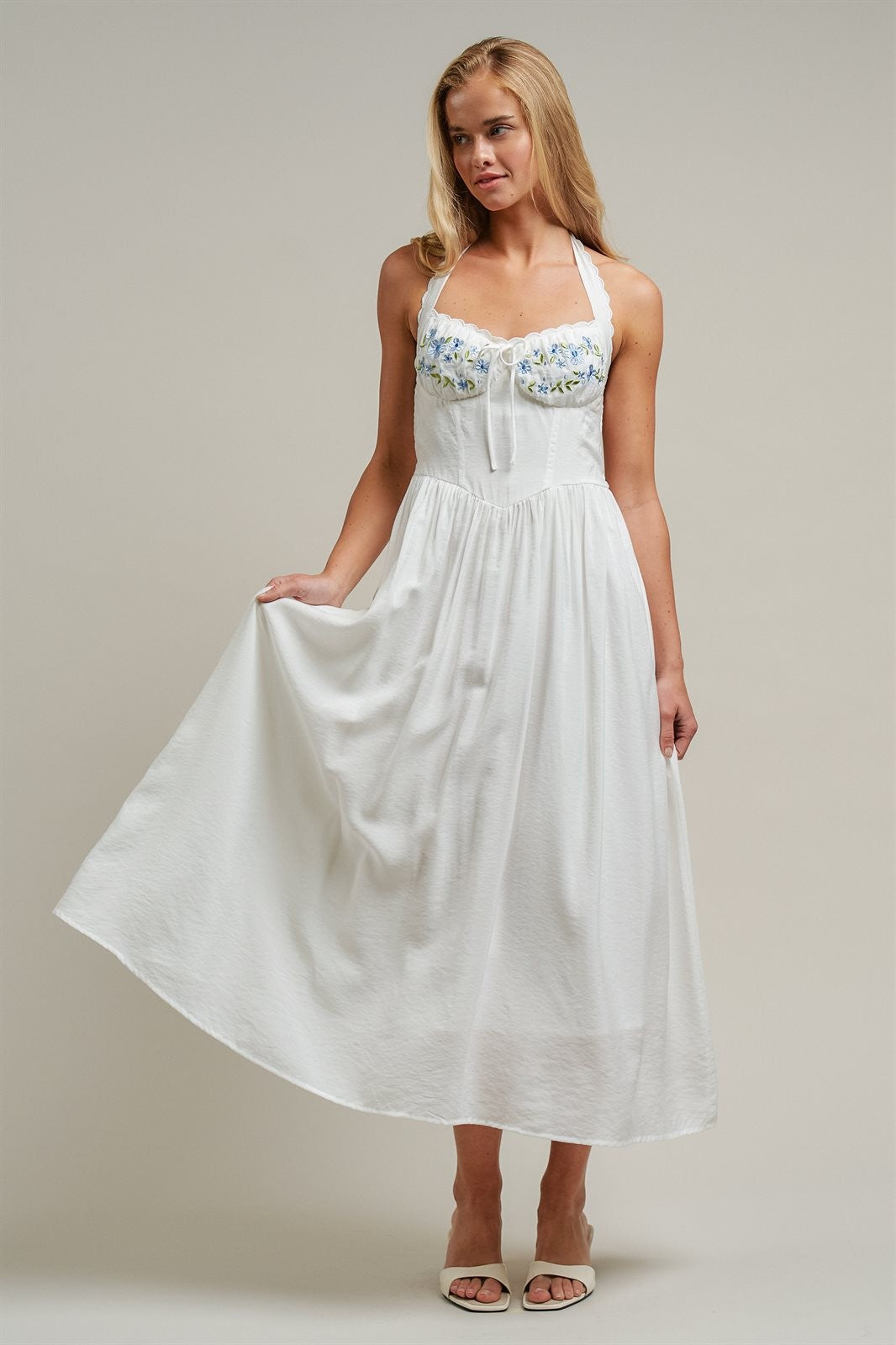 Floral Embroidered Halter Corset Midi Dress in White - Women's Dresses | Urban Daizy