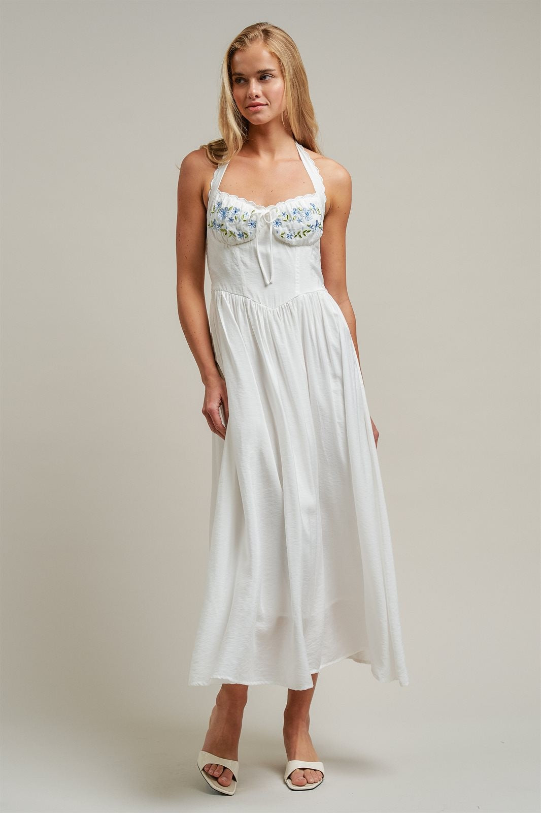 Floral Embroidered Halter Corset Midi Dress in White - Women's Dresses | Urban Daizy