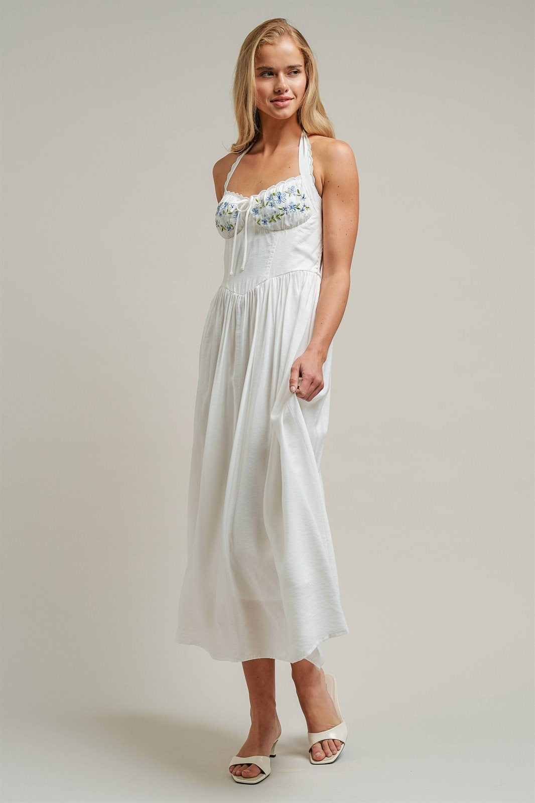 Floral Embroidered Halter Corset Midi Dress in White - Women's Dresses | Urban Daizy