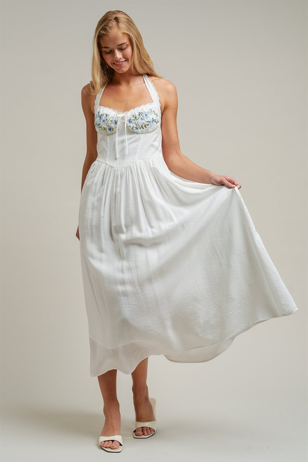 Floral Embroidered Halter Corset Midi Dress in White - Women's Dresses | Urban Daizy