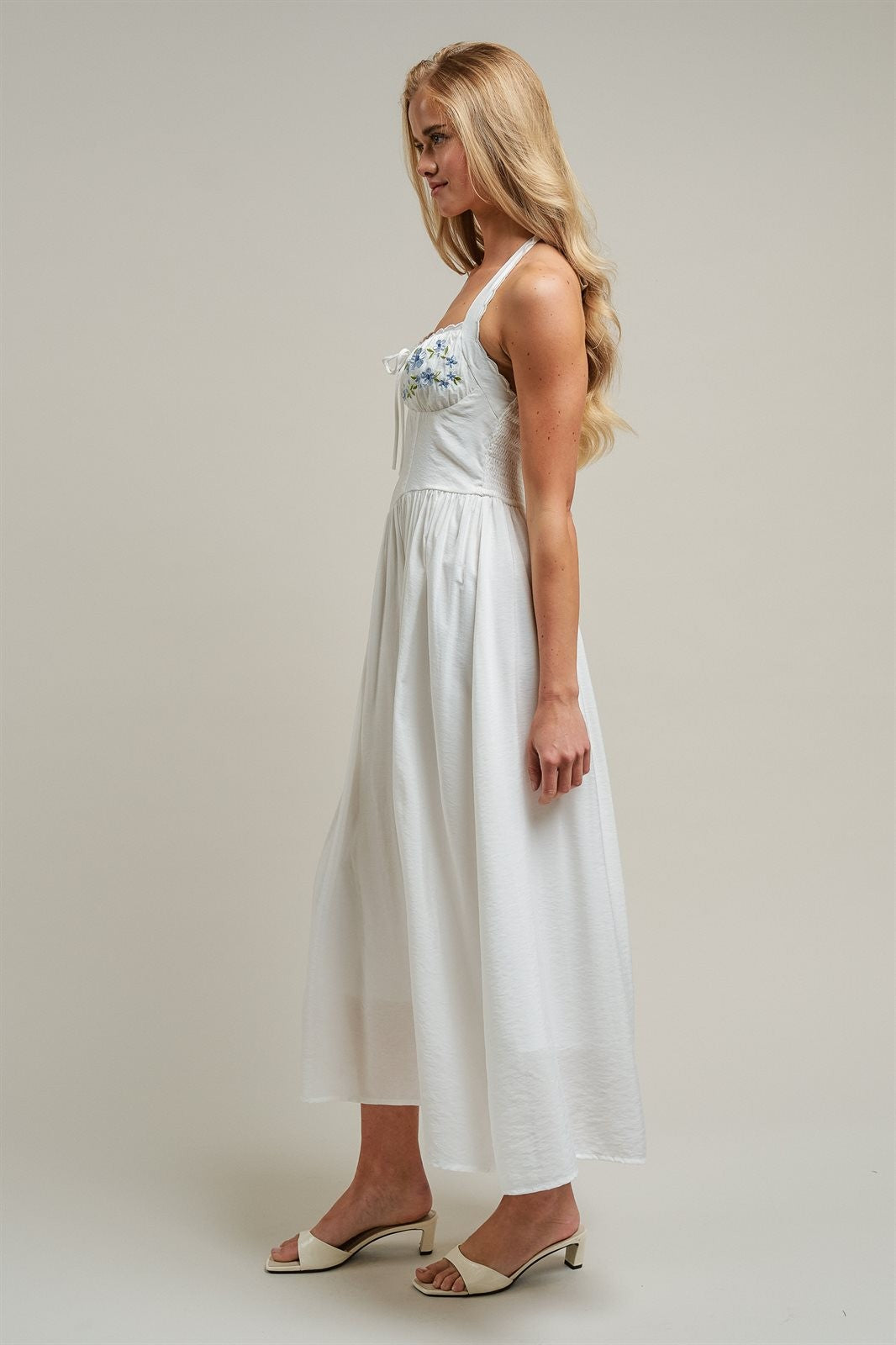 Floral Embroidered Halter Corset Midi Dress in White - Women's Dresses | Urban Daizy
