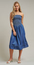 Smocked Strapless Denim Midi Dress With Ladder Trim in Blue - Women's Dresses | Urban Daizy