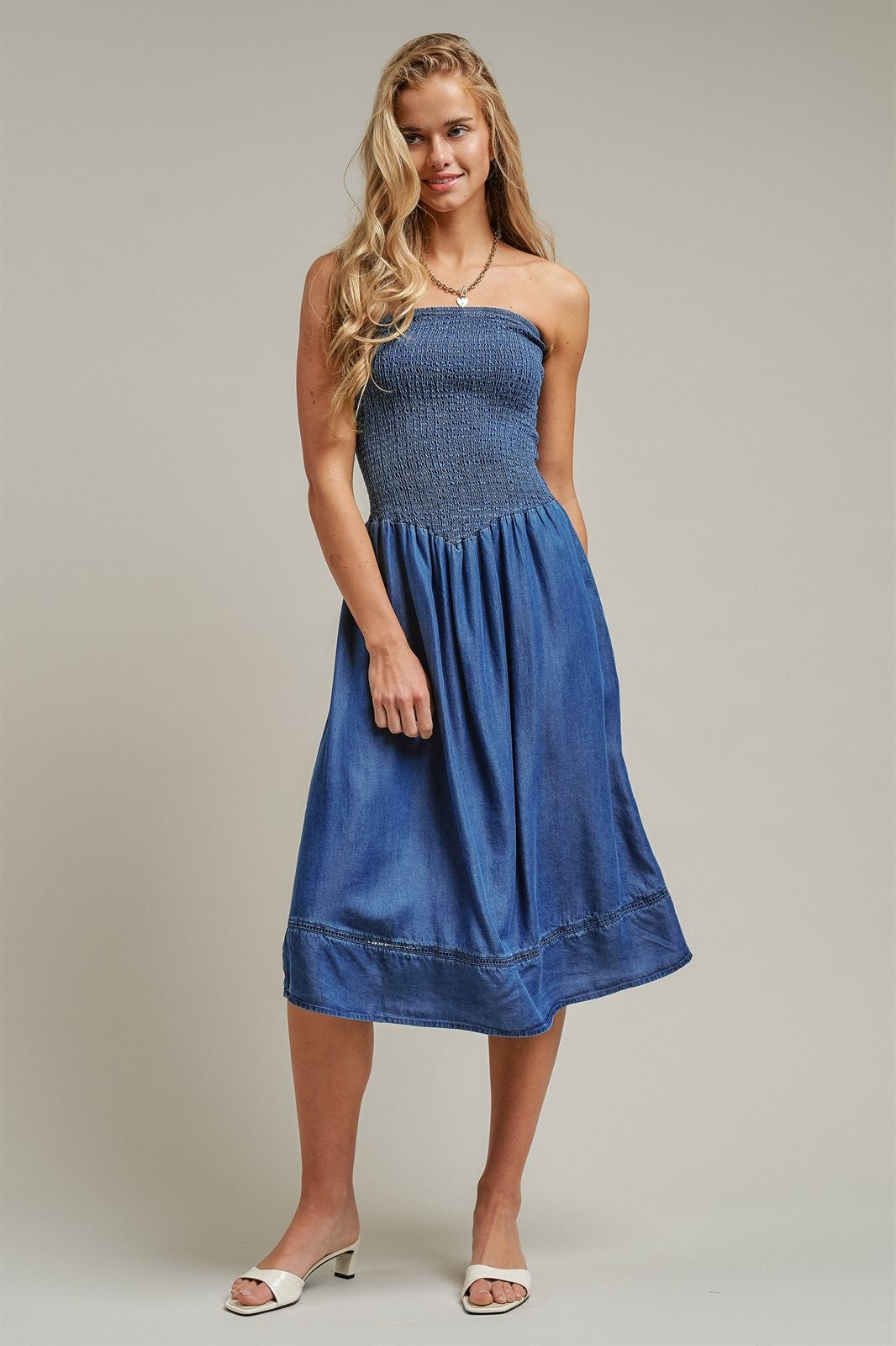 Smocked Strapless Denim Midi Dress With Ladder Trim in Blue - Women's Dresses | Urban Daizy