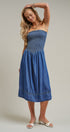 Smocked Strapless Denim Midi Dress With Ladder Trim in Blue - Women's Dresses | Urban Daizy