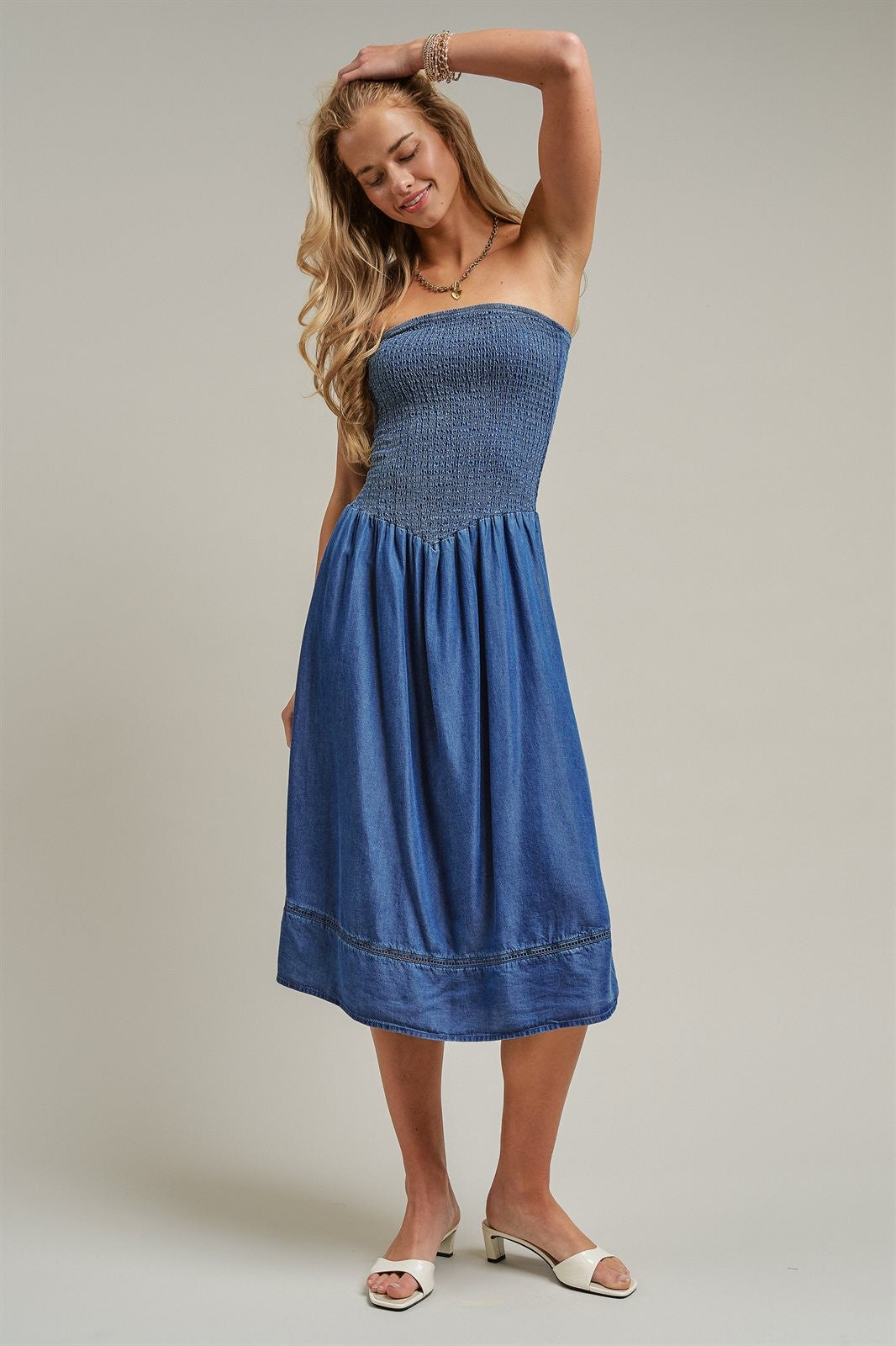 Smocked Strapless Denim Midi Dress With Ladder Trim in Blue - Women's Dresses | Urban Daizy