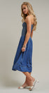 Smocked Strapless Denim Midi Dress With Ladder Trim in Blue - Women's Dresses | Urban Daizy