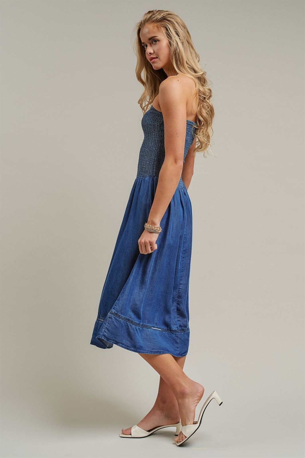 Smocked Strapless Denim Midi Dress With Ladder Trim in Blue - Women's Dresses | Urban Daizy