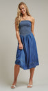 Smocked Strapless Denim Midi Dress With Ladder Trim in Blue - Women's Dresses | Urban Daizy