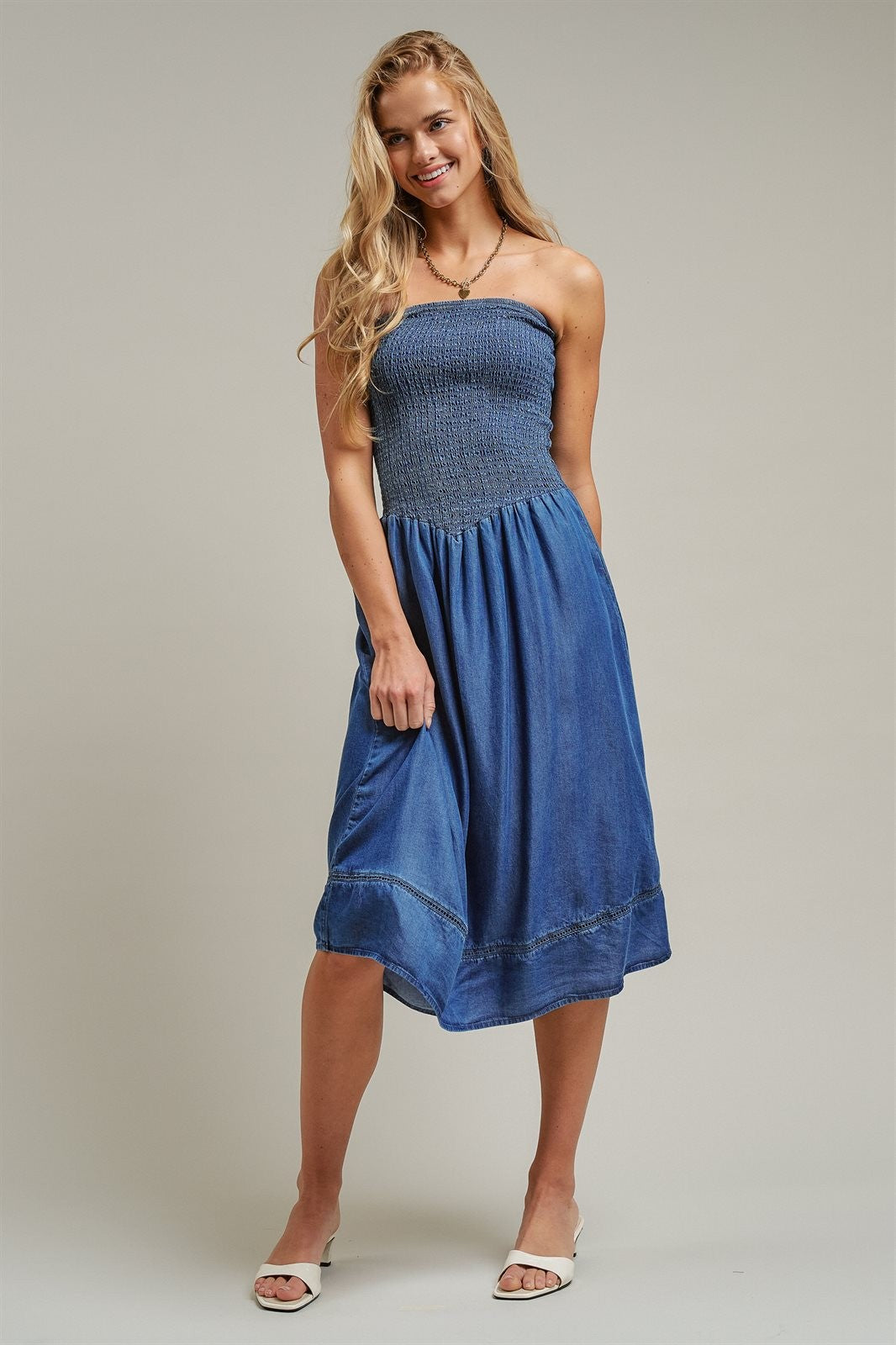 Smocked Strapless Denim Midi Dress With Ladder Trim in Blue - Women's Dresses | Urban Daizy