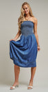 Smocked Strapless Denim Midi Dress With Ladder Trim in Blue - Women's Dresses | Urban Daizy