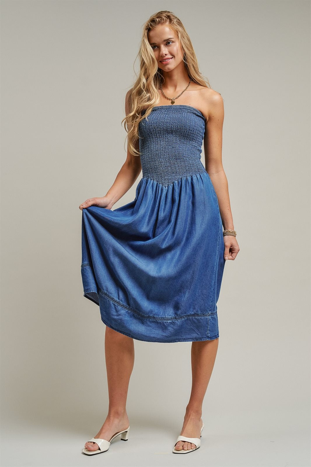 Smocked Strapless Denim Midi Dress With Ladder Trim in Blue - Women's Dresses | Urban Daizy