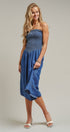 Smocked Strapless Denim Midi Dress With Ladder Trim in Blue - Women's Dresses | Urban Daizy