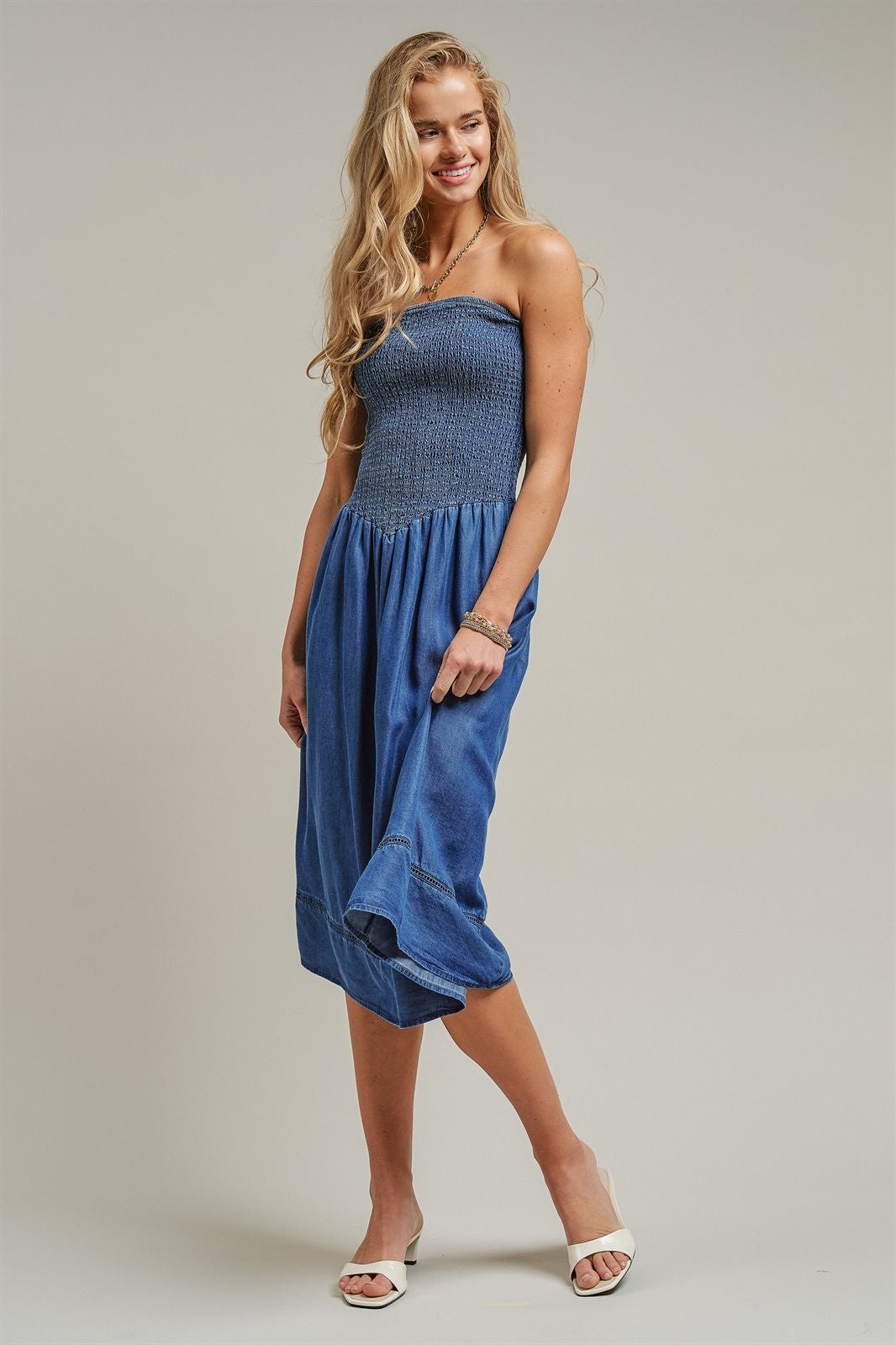 Smocked Strapless Denim Midi Dress With Ladder Trim in Blue - Women's Dresses | Urban Daizy