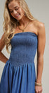 Smocked Strapless Denim Midi Dress With Ladder Trim in Blue - Women's Dresses | Urban Daizy