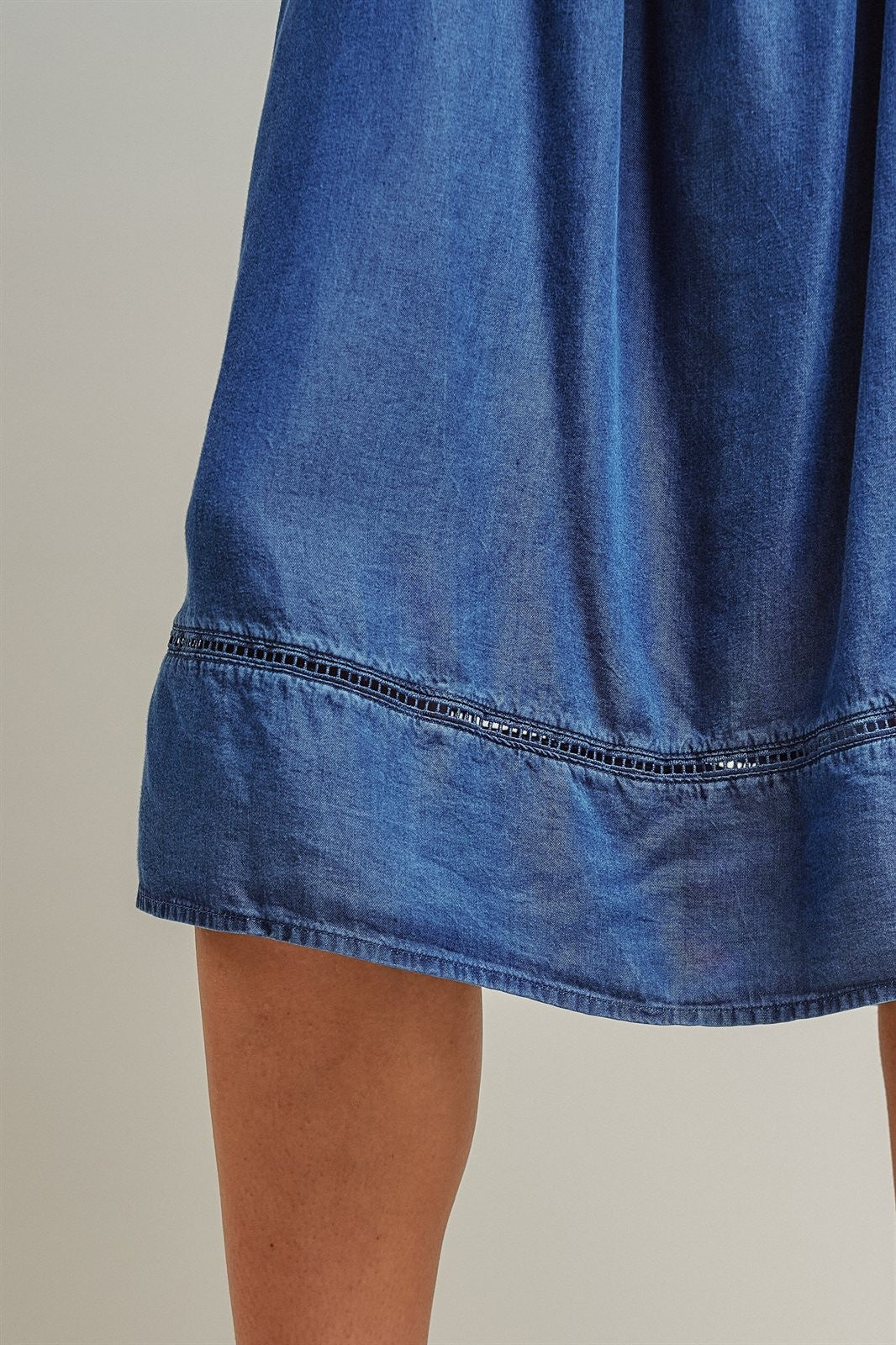 Smocked Strapless Denim Midi Dress With Ladder Trim in Blue - Women's Dresses | Urban Daizy