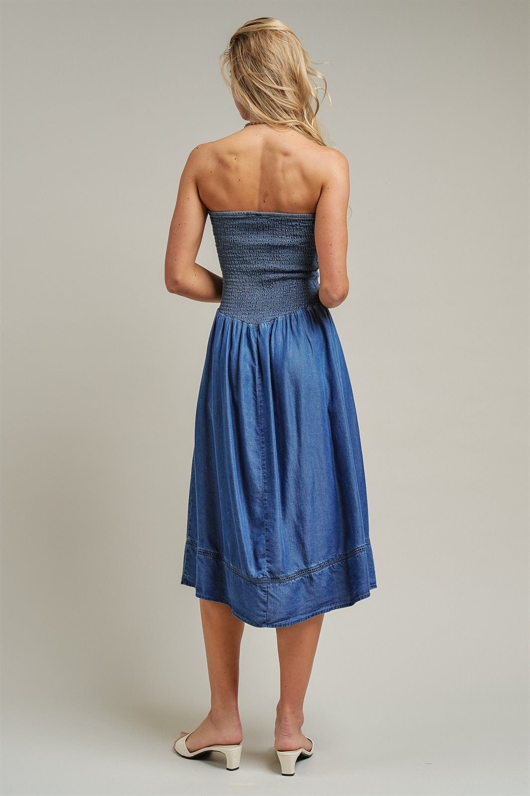 Smocked Strapless Denim Midi Dress With Ladder Trim in Blue - Women's Dresses | Urban Daizy