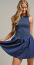 Smocked Denim Drop Waist Mini Dress in Indigo - Women's Dresses | Urban Daizy