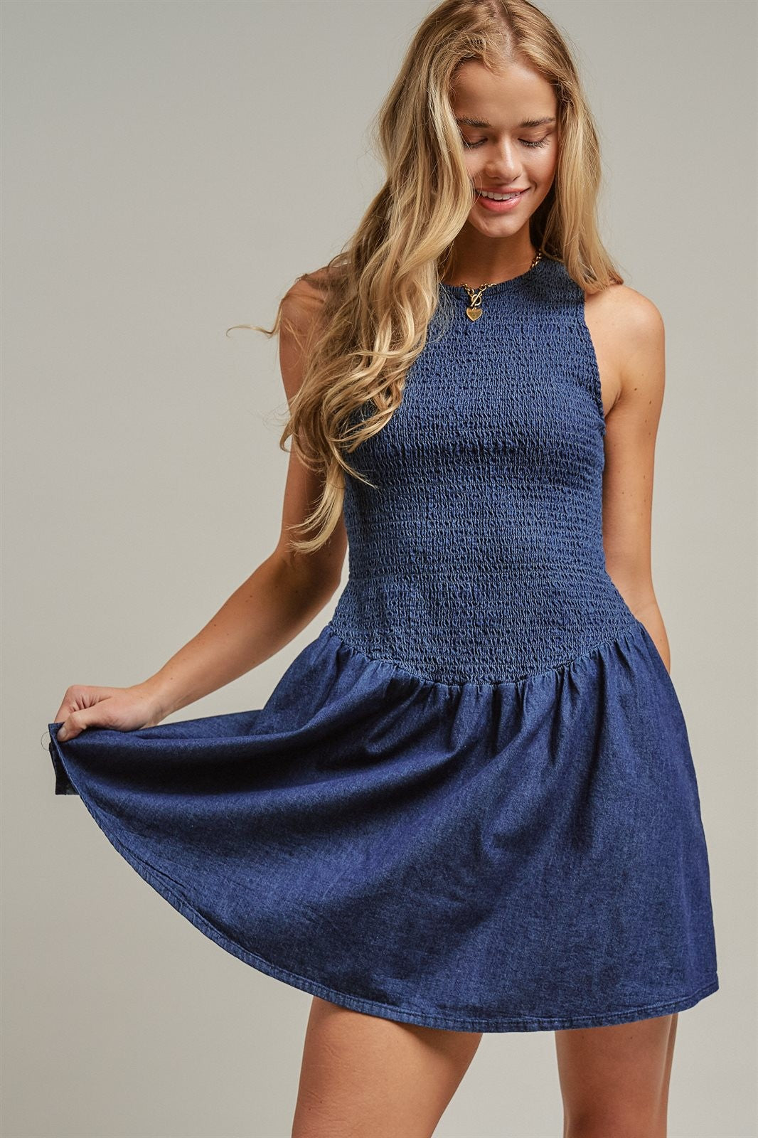 Smocked Denim Drop Waist Mini Dress in Indigo - Women's Dresses | Urban Daizy