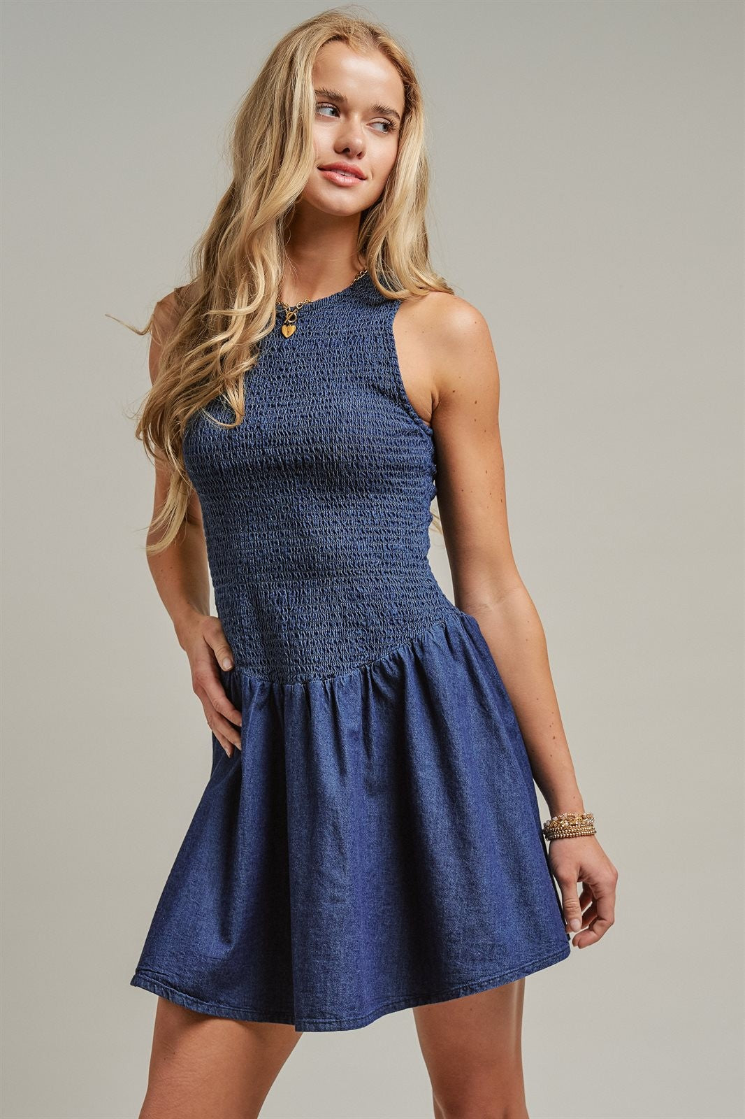 Smocked Denim Drop Waist Mini Dress in Indigo - Women's Dresses | Urban Daizy