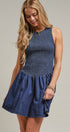 Smocked Denim Drop Waist Mini Dress in Indigo - Women's Dresses | Urban Daizy