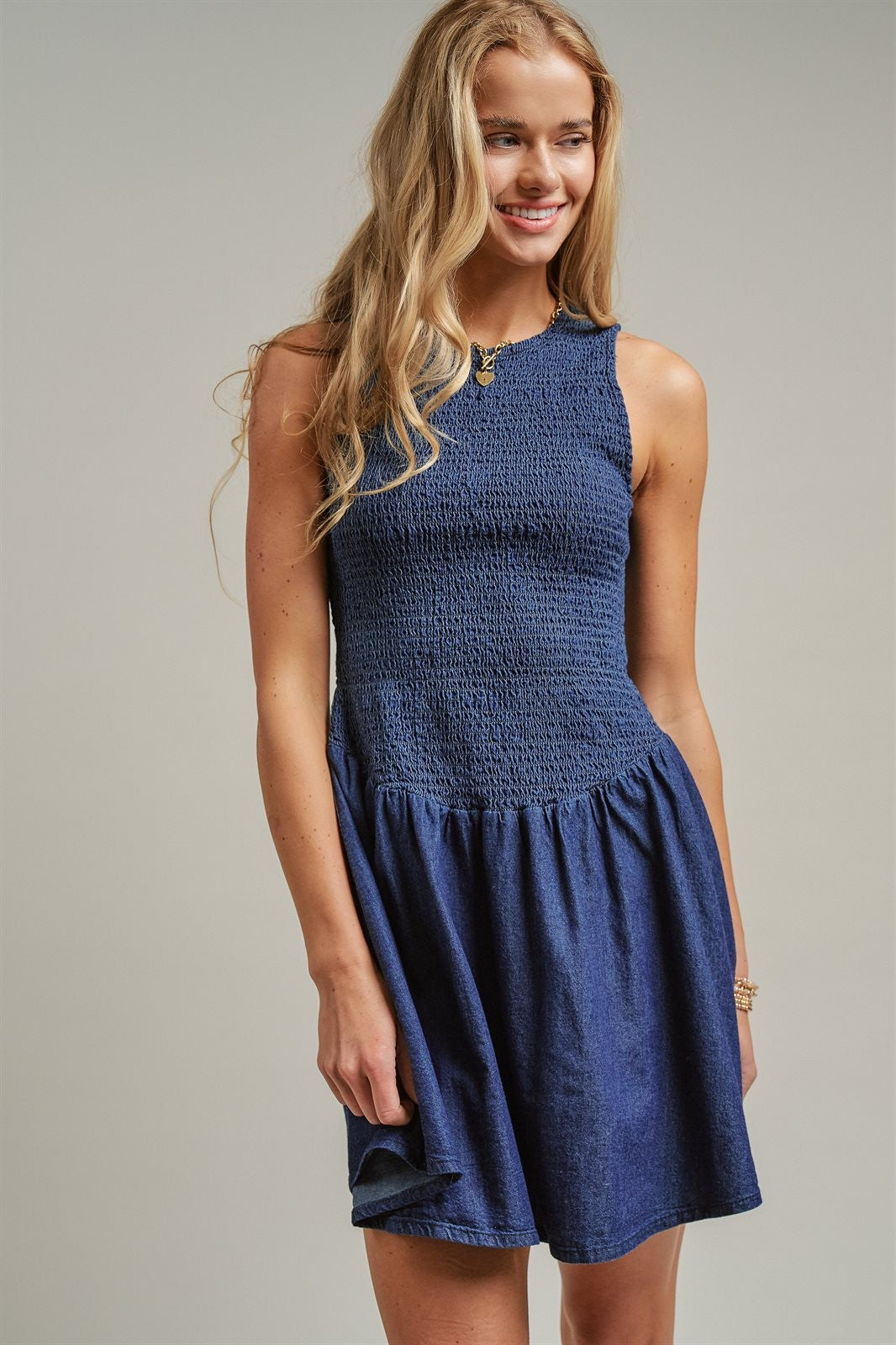 Smocked Denim Drop Waist Mini Dress in Indigo - Women's Dresses | Urban Daizy